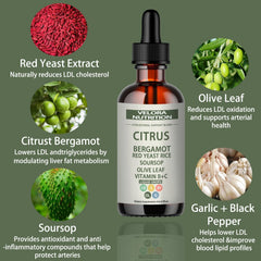 Velora Red Yeast Rice Drops ingredient panel highlights natural non-GMO ingredients.