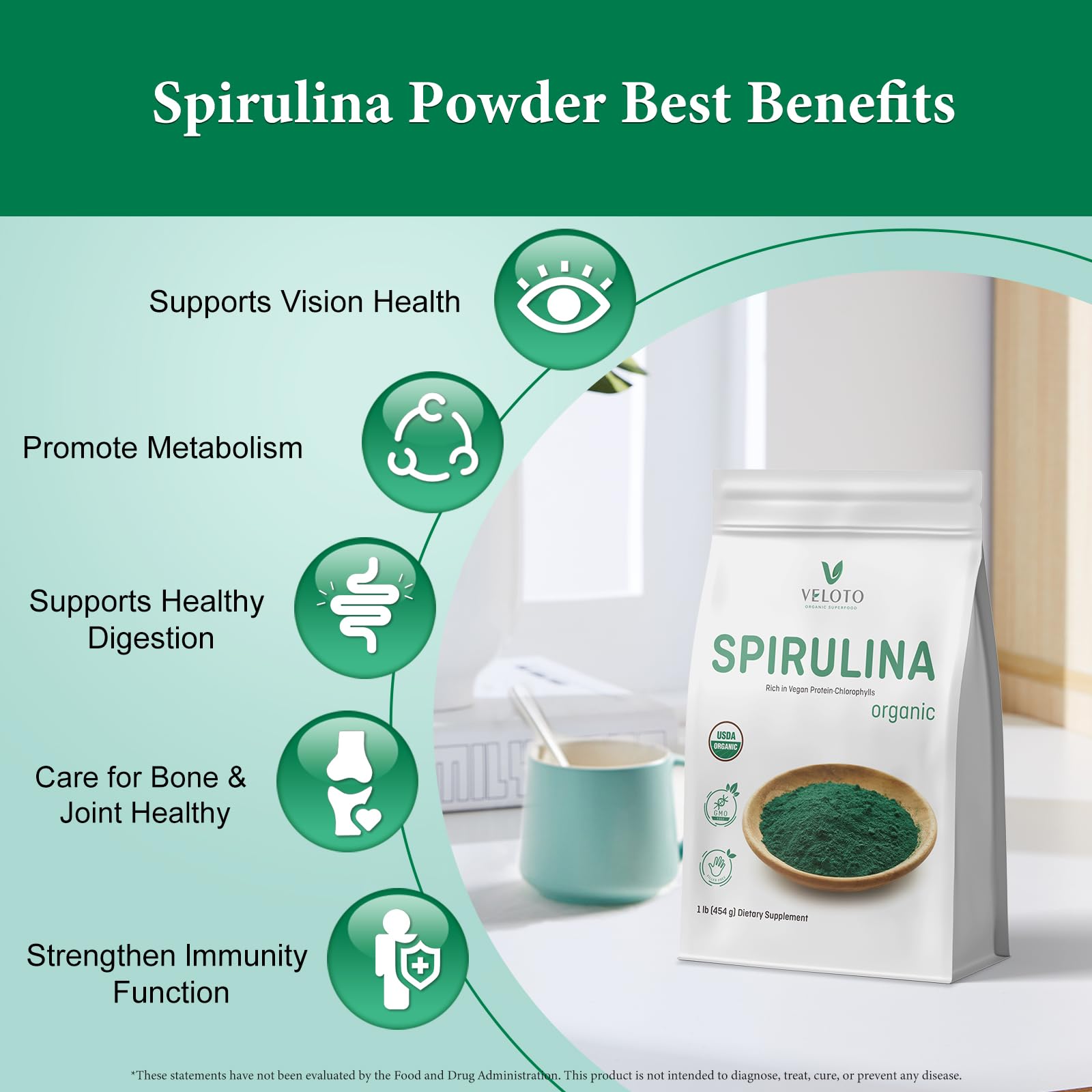 VELOTO spirulina powder container label with GMP seal.