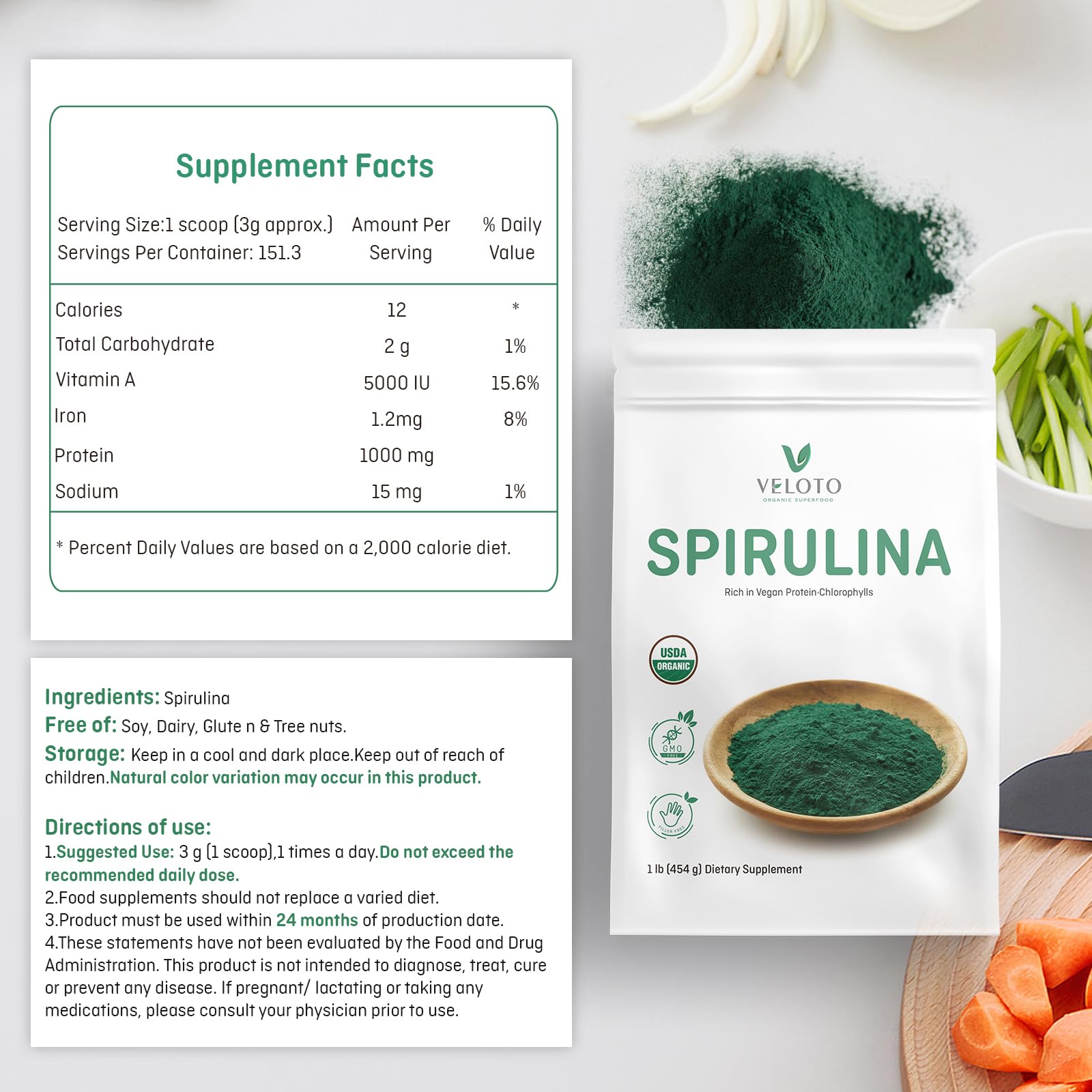 VELOTO Spirulina powder in a cup showing fine texture.
