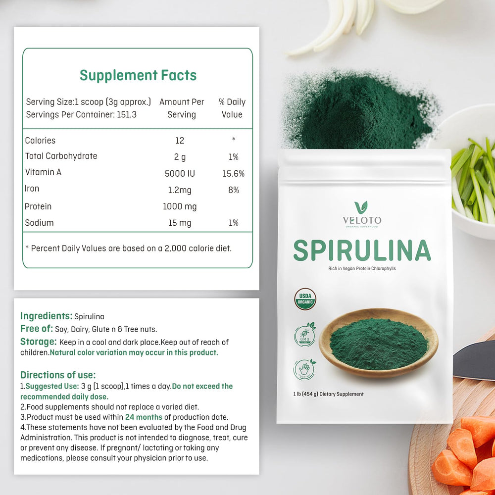 VELOTO Spirulina powder in a cup showing fine texture.