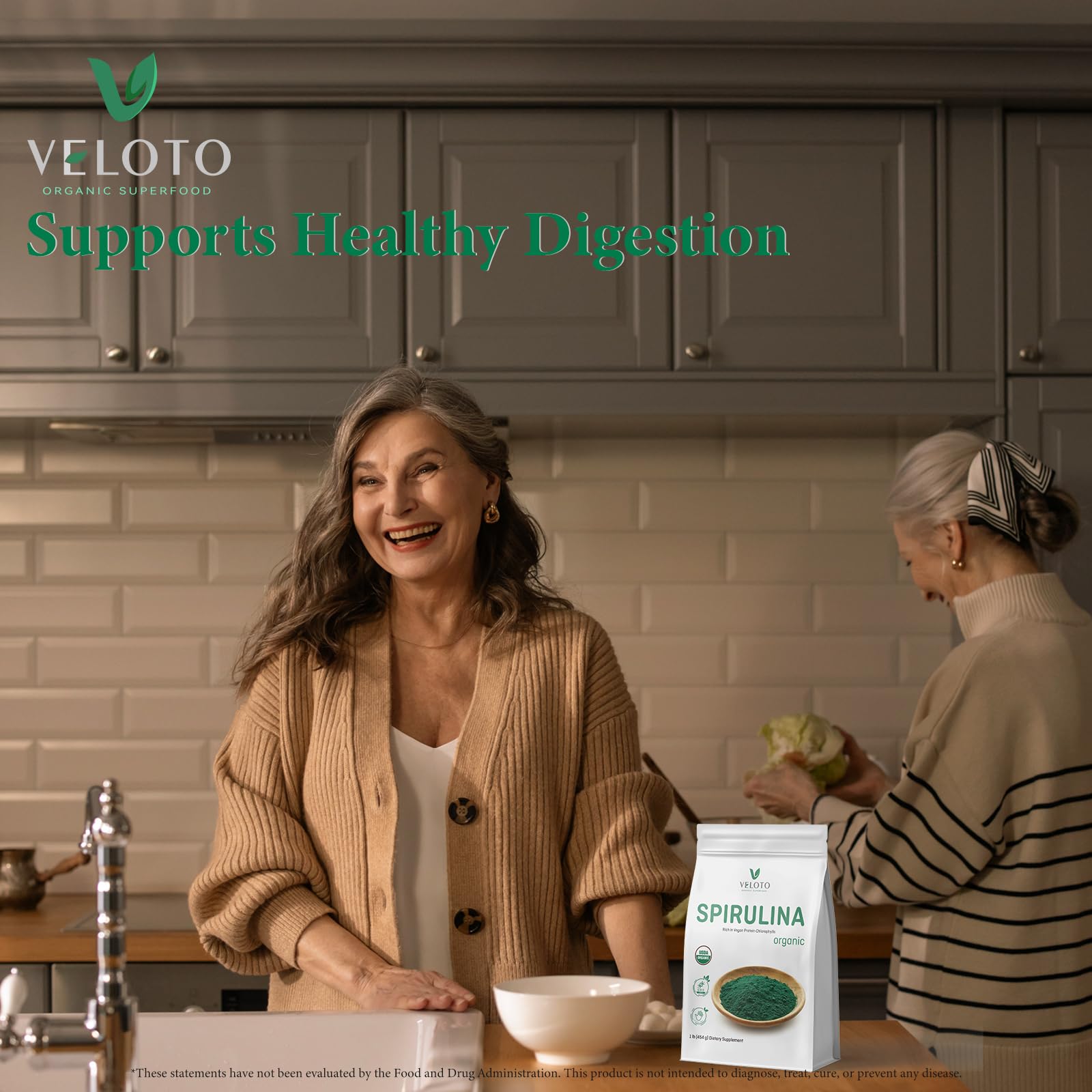 VELOTO Spirulina powder green color close-up.