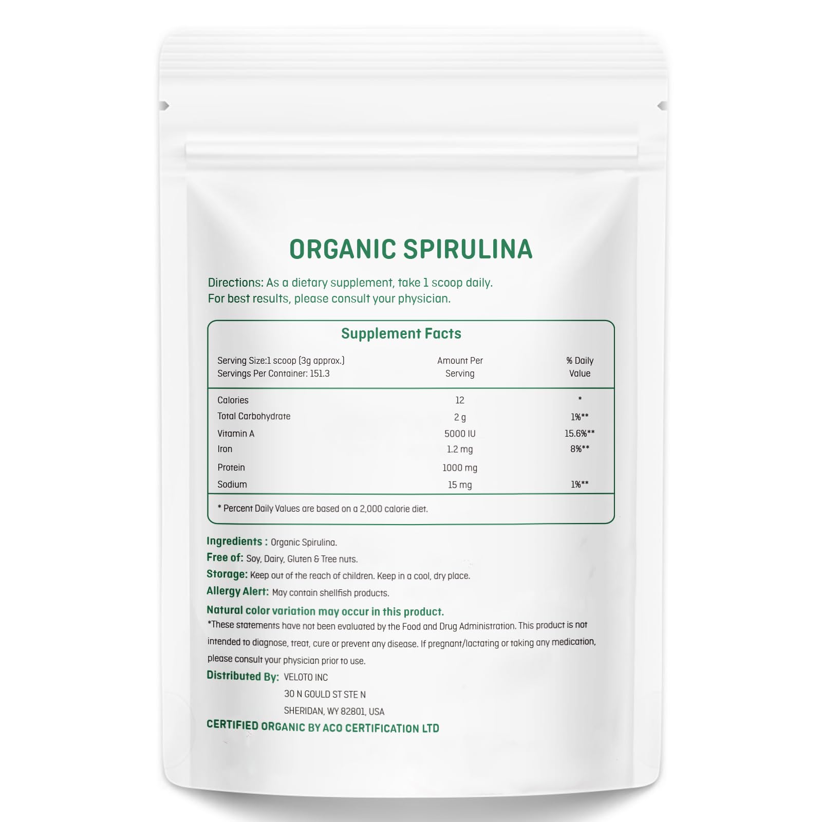 VELOTO spirulina powder jar close-up showing vibrant antioxidant-rich greens.