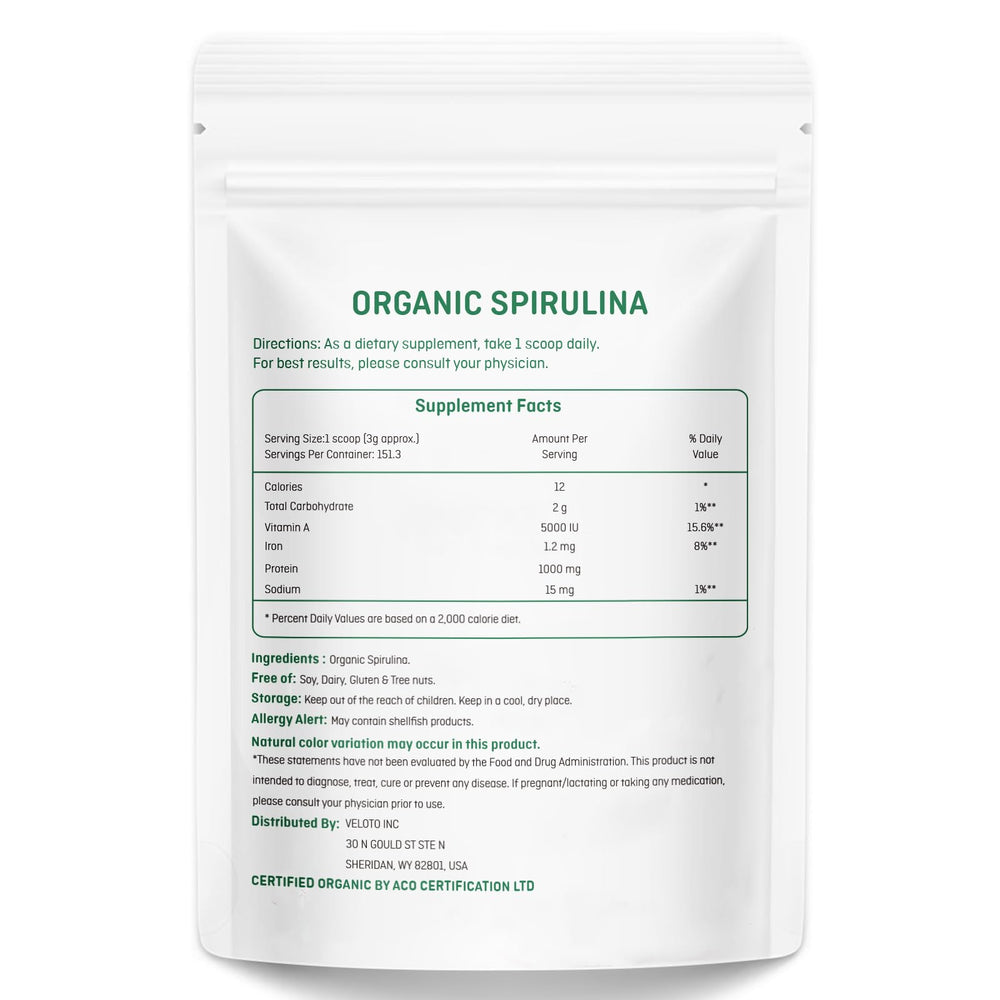VELOTO spirulina powder jar close-up showing vibrant antioxidant-rich greens.