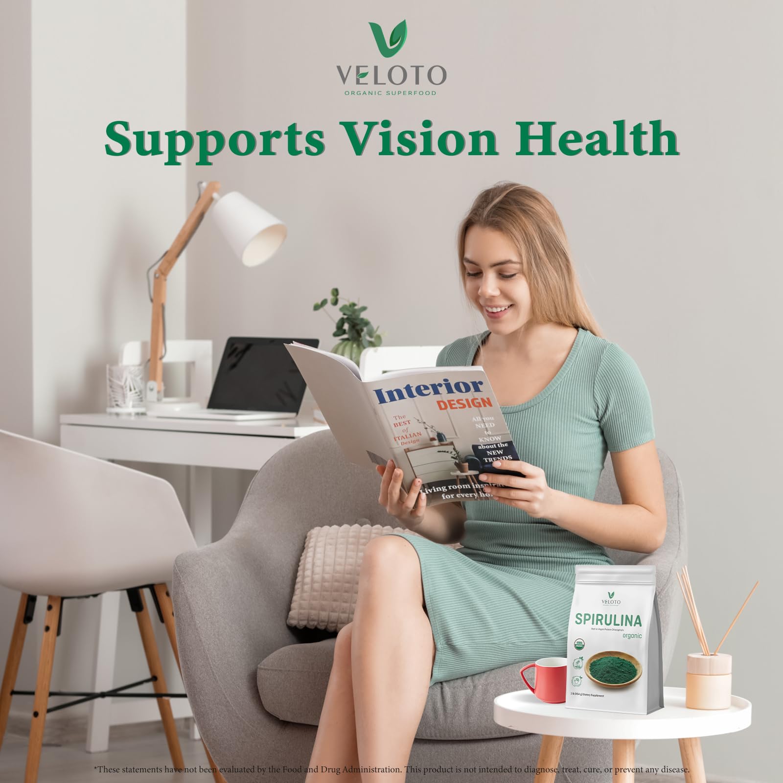 VELOTO Spirulina powder on kitchen counter with spoon for quick additions.