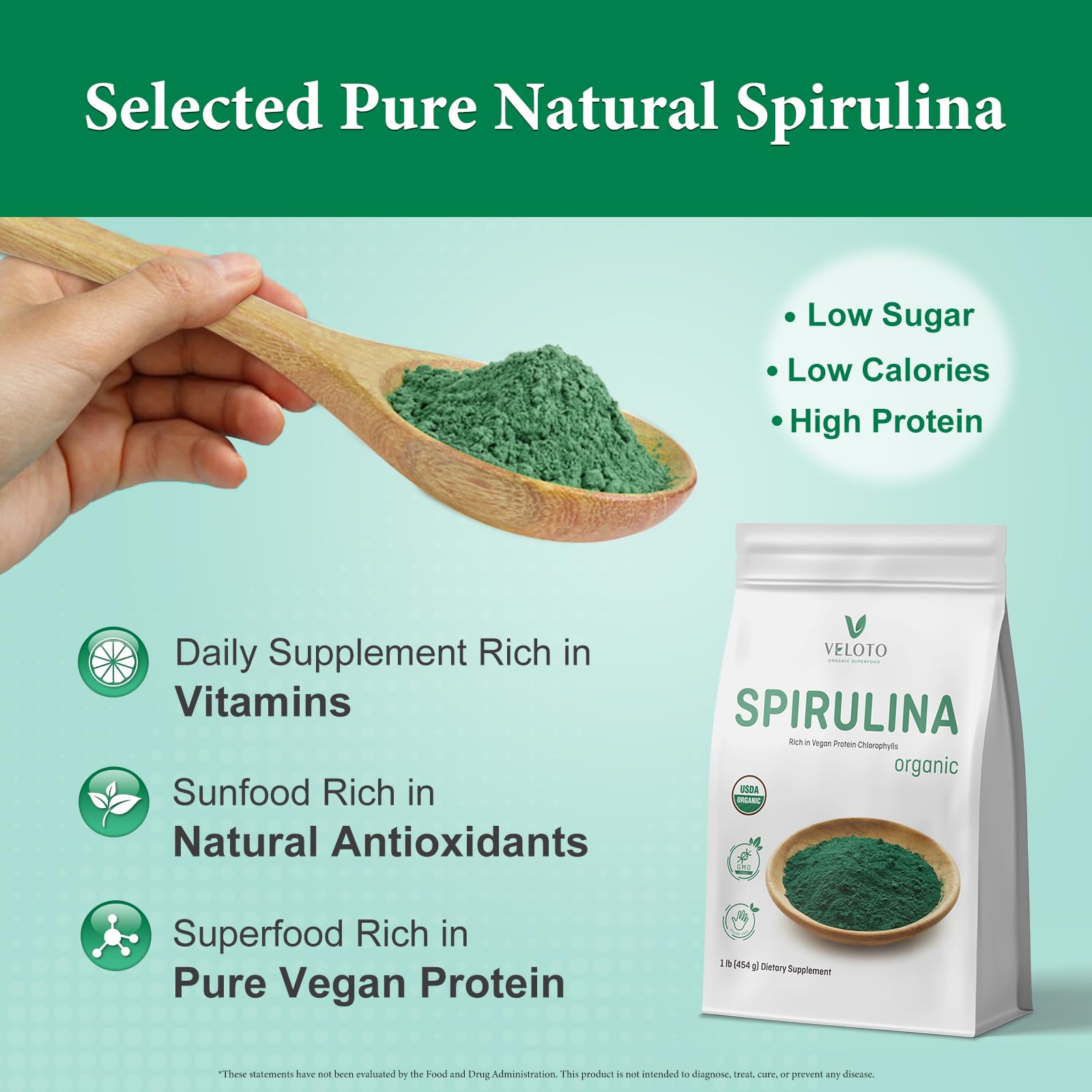 VELOTO spirulina powder packet highlighting non-GMO and gluten-free.