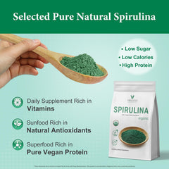 VELOTO spirulina powder packet highlighting non-GMO and gluten-free.