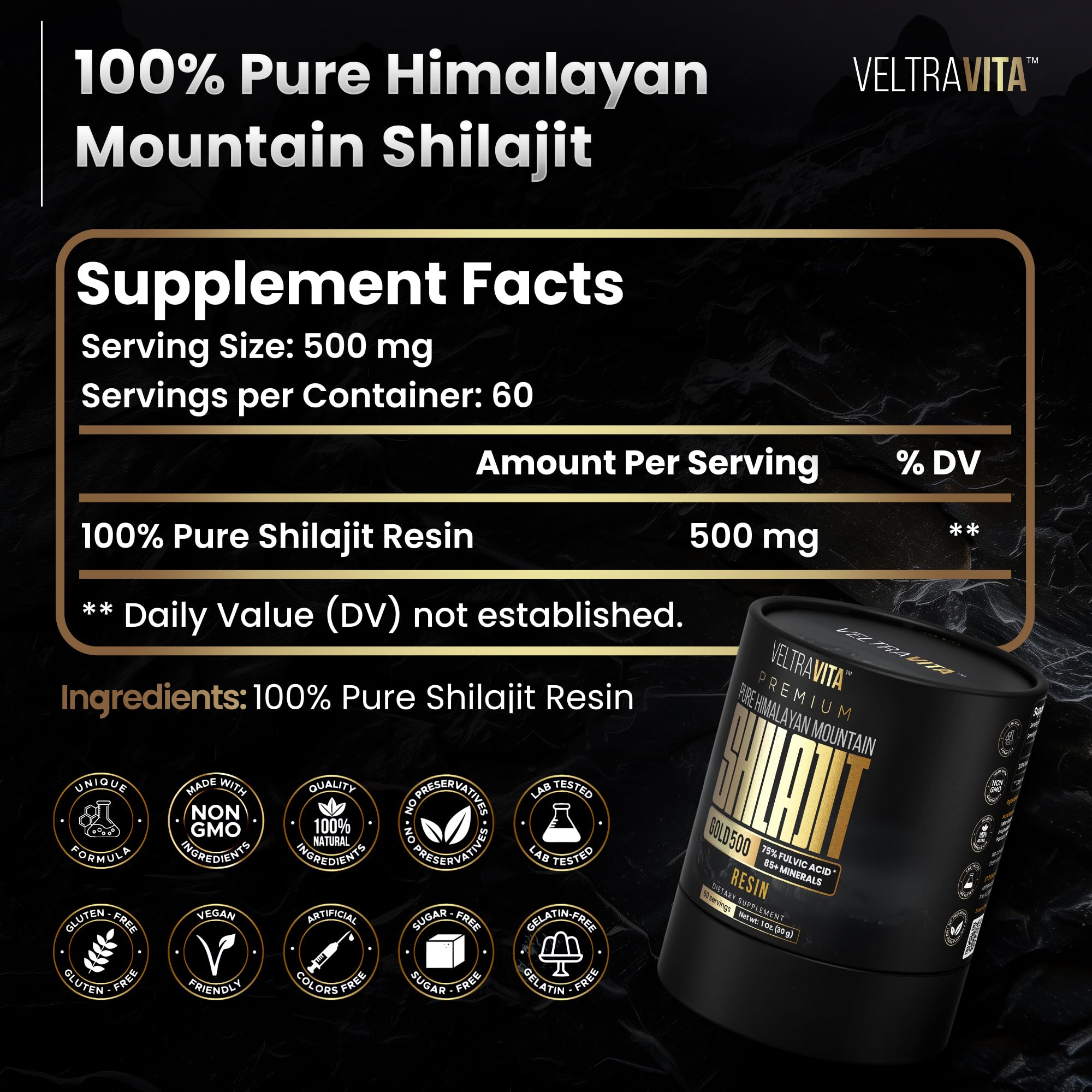 VeltraVita Mineral-rich blend image communicates 85+ trace minerals and fulvic humic profile.