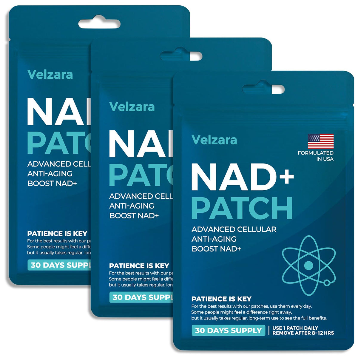 Velzara NAD patch on skin provides discreet, all-day wellness support.