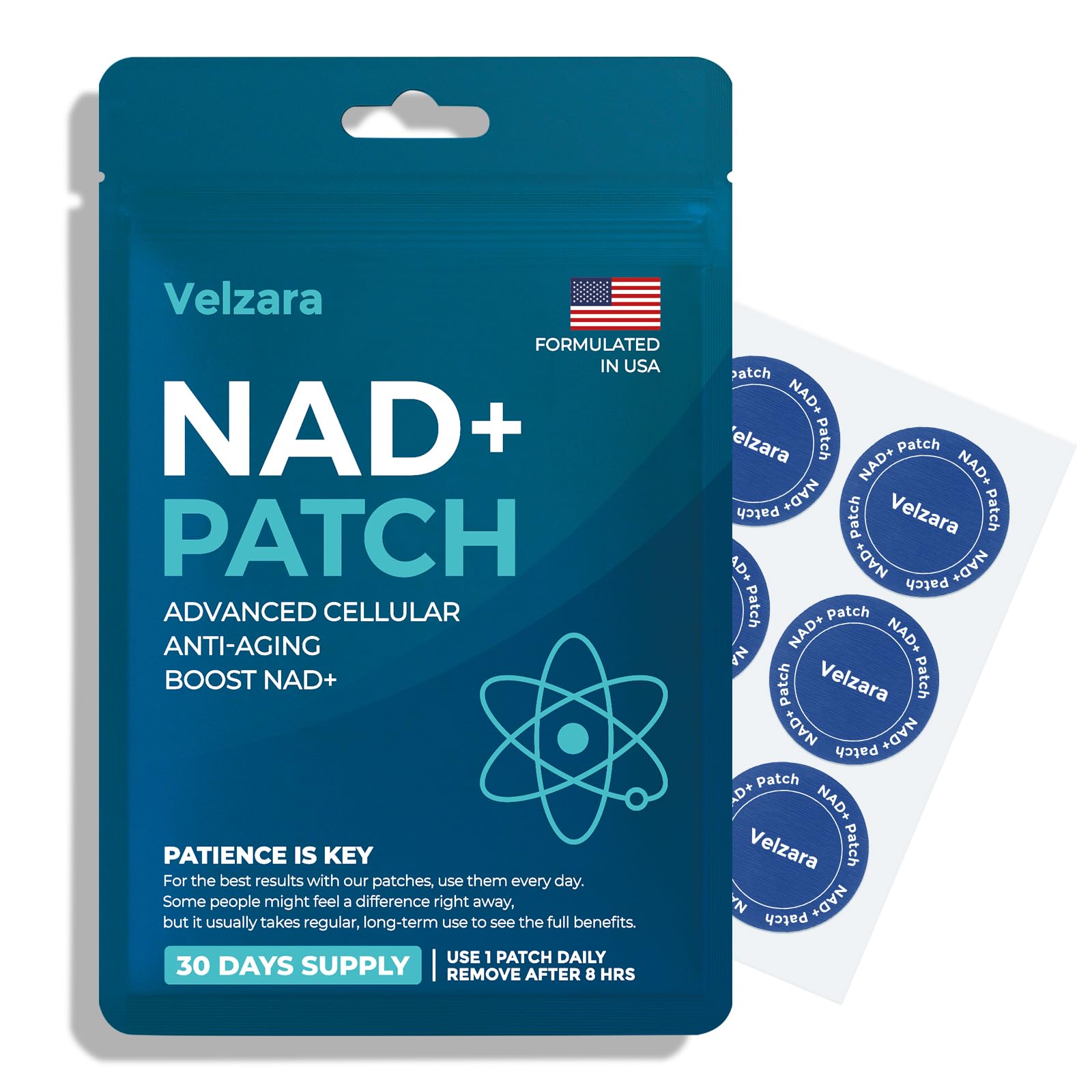 Velzara NAD+ patches pack closeup for convenient daily wellness.