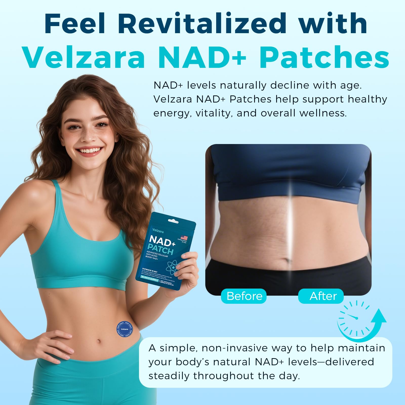 Velzara NAD+ patches on skin suggesting smoother, hydrated appearance.