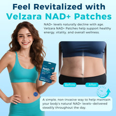 Velzara NAD+ patches on skin suggesting smoother, hydrated appearance.