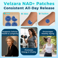 Velzara NAD+ patches time-release icon showing steady support throughout the day.