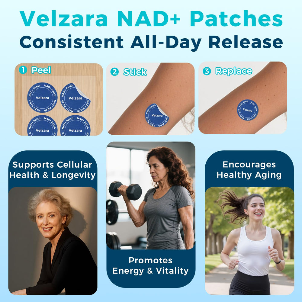Velzara NAD+ patches worn discreetly during daily activities.