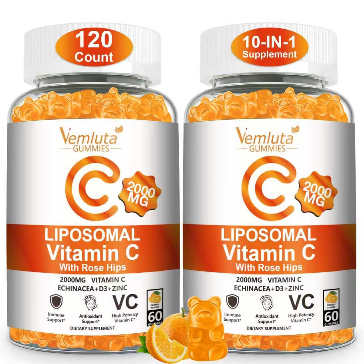 Vemluta liposomal vitamin C gummies in orange bottle for daily immune support.