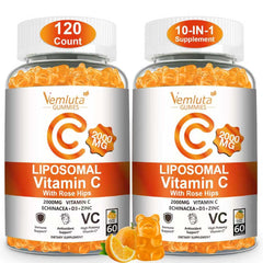 Vemluta liposomal vitamin C gummies in orange bottle for daily immune support.