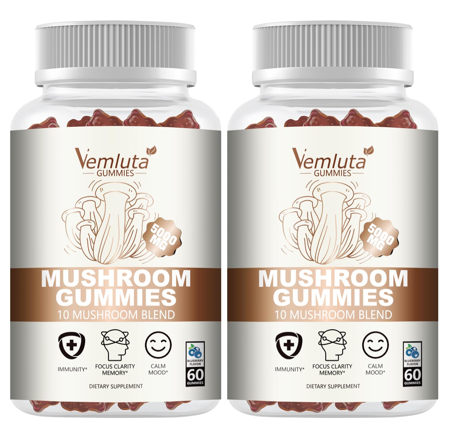 Vemluta 5000MG mushroom gummies bottle for daily brain and immune support.