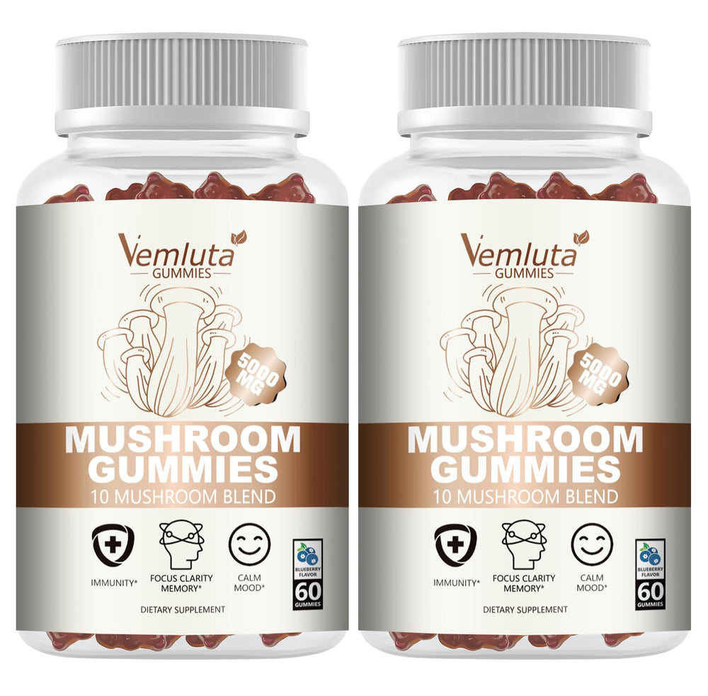Vemluta 5000MG mushroom gummies bottle for daily brain and immune support.