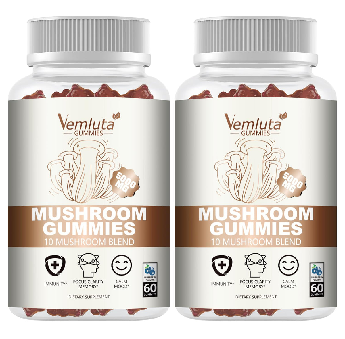 Vemluta 5000MG mushroom gummies bottle for daily brain and immune support.