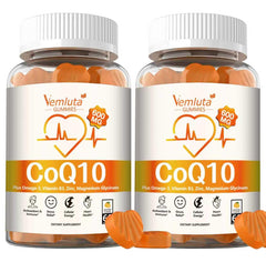 Vemluta 600mg CoQ10 gummies bottle showing label for easy daily energy support.