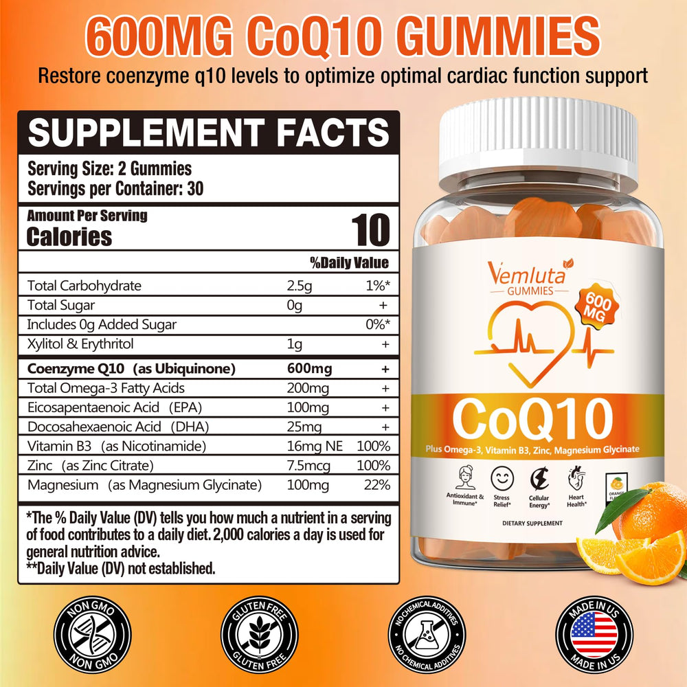 Vemluta CoQ10 gummies ingredients label highlights Omega-3 and magnesium for absorption.