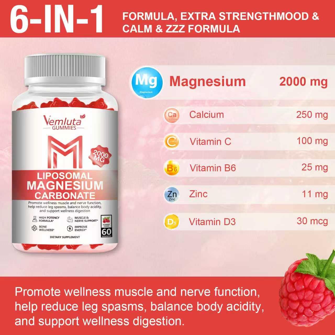 Ingredients label for Vemluta gummies shows calcium, D3, B6, zinc.