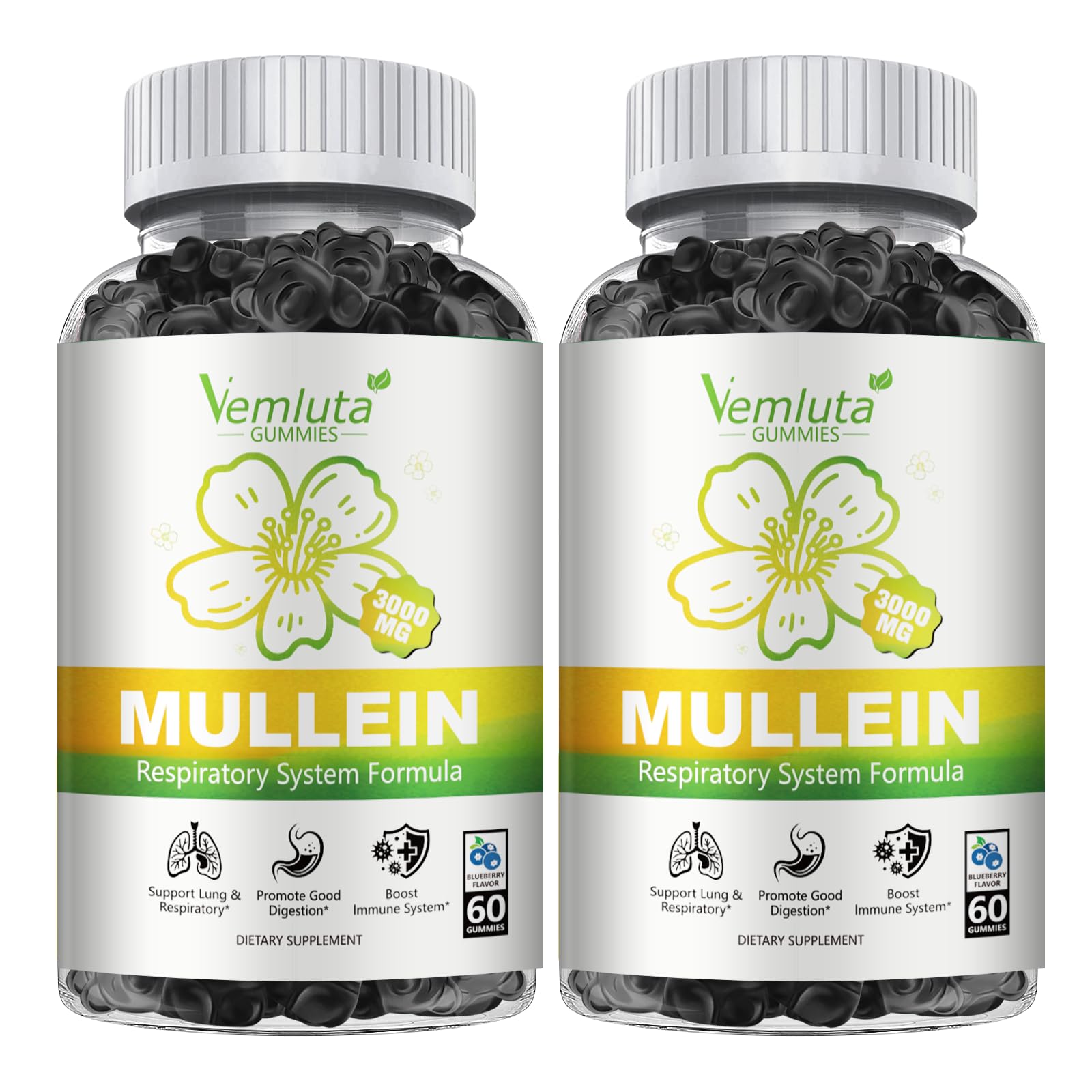 Vemluta Mullein Gummies 3000mg bottle highlighting lung support and flavor