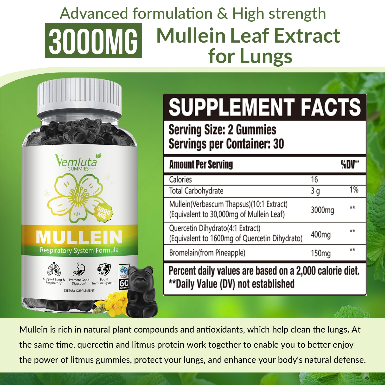 Vemluta Mullein Gummies blueberry flavor bottle for daily use