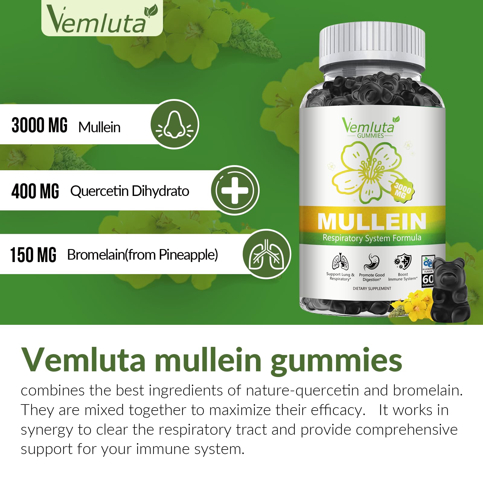 Vemluta gummies ingredients page showing mullein, quercetin, bromelain