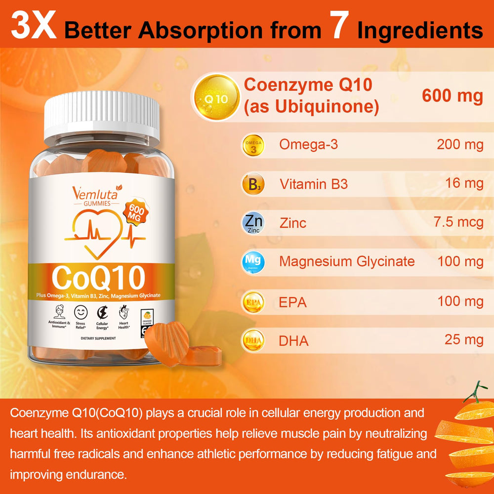 Vemluta omega-3 DHA EPA with CoQ10 visual emphasizes heart and brain wellness.