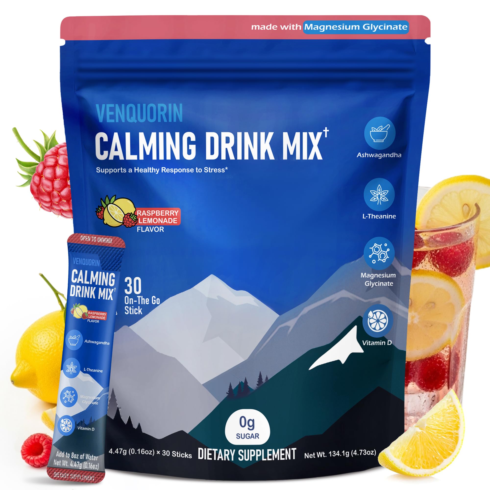 VENQUORIN Super Cortisol Calm raspberry lemonade packet ready for daily relaxation