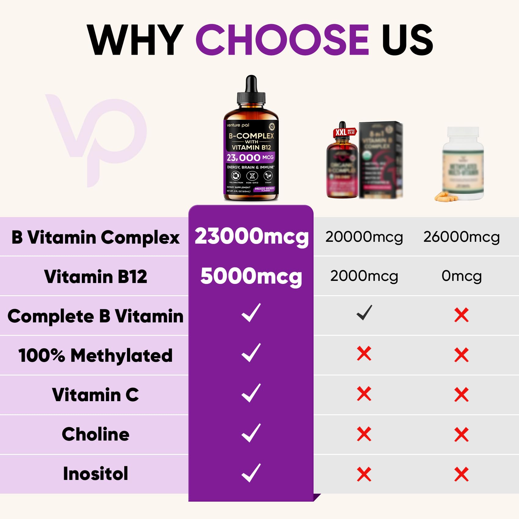 Venture Pal B12 methylcobalamin drops emphasizing fast absorption and energy