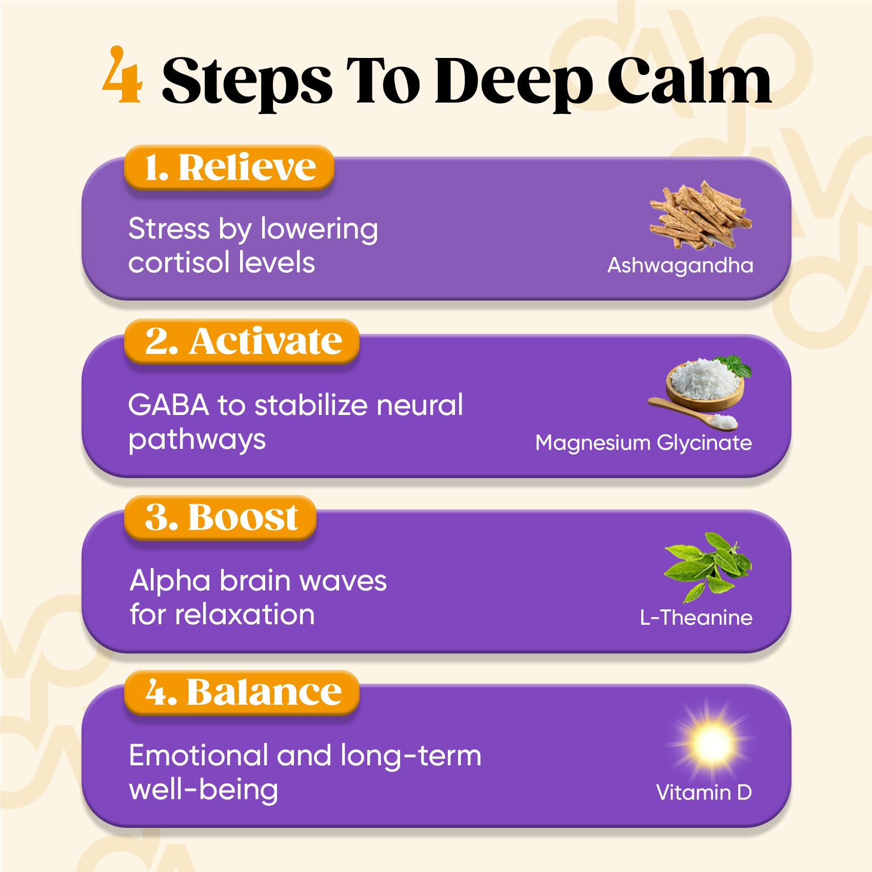 Powder dissolving in water to make a sugar-free calm beverage.