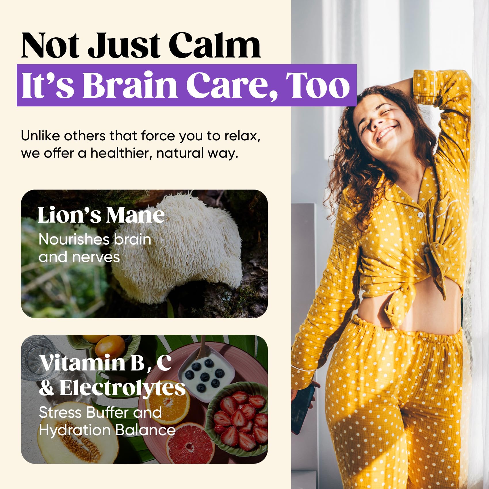 Calm Drink Mix in a glass promoting focused calm after a busy day.