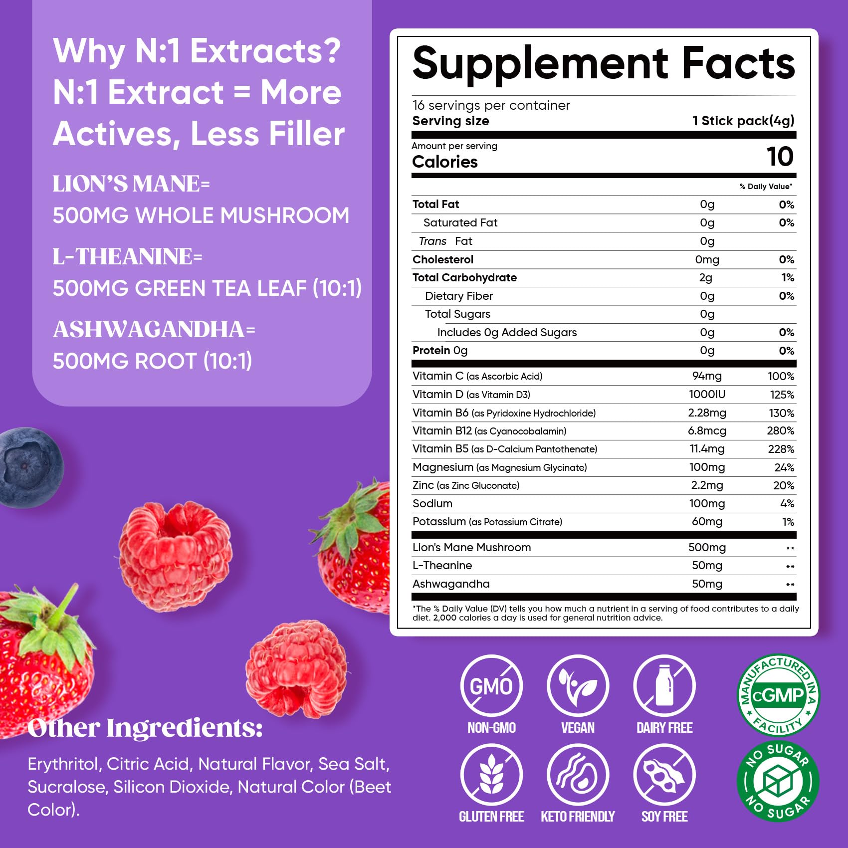 Label showing no sugar and vegan formula of Calm Drink Mix.