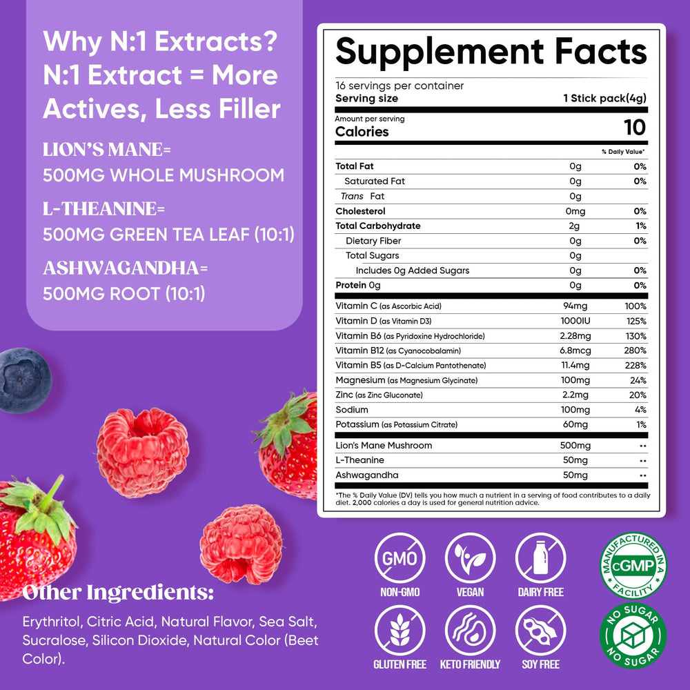 Label showing no sugar and vegan formula of Calm Drink Mix.