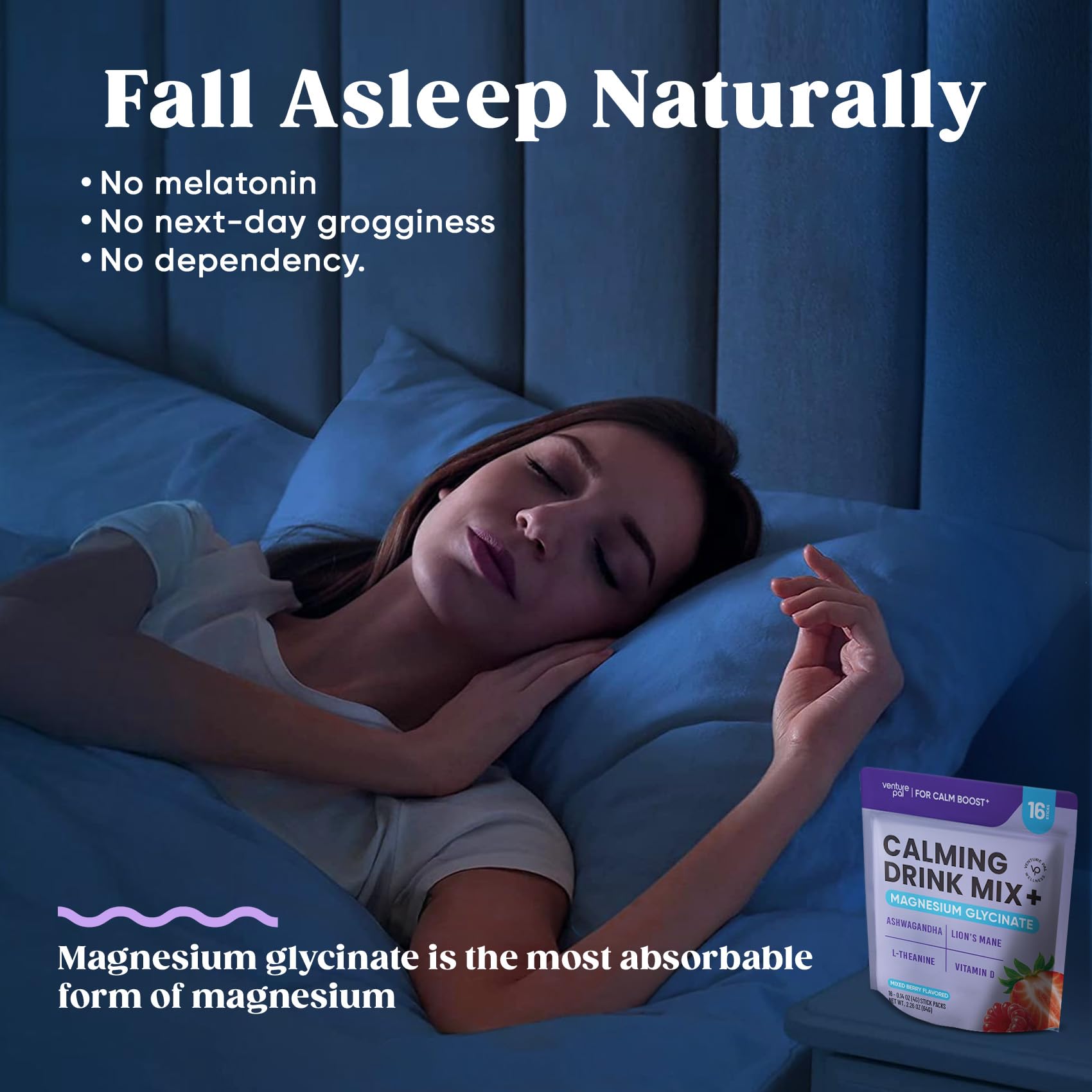 On-the-go sachet of Calm Drink Mix for travel relaxation.