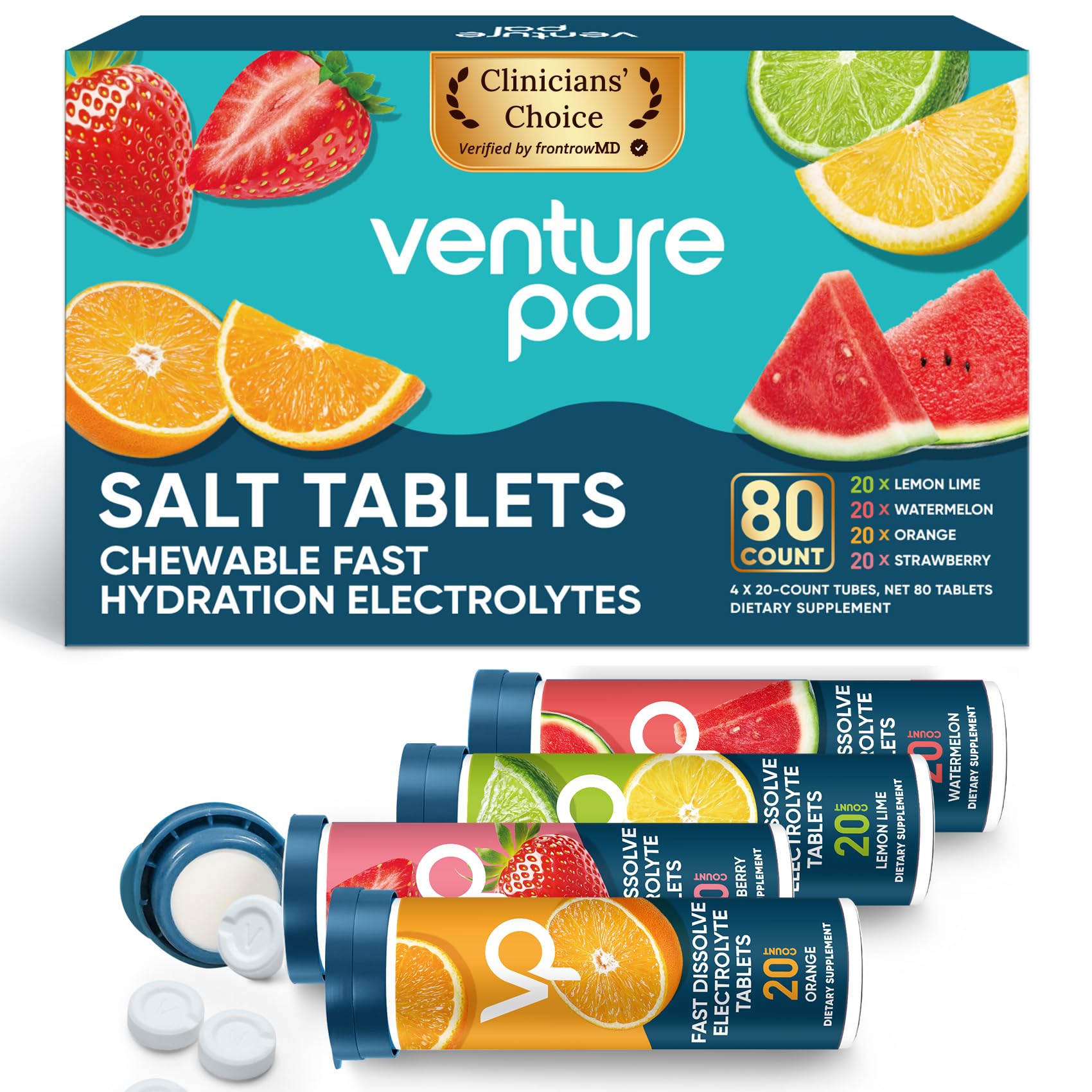 Venture Pal chews fast-melt electrolyte tablets in a bottle for quick hydration.
