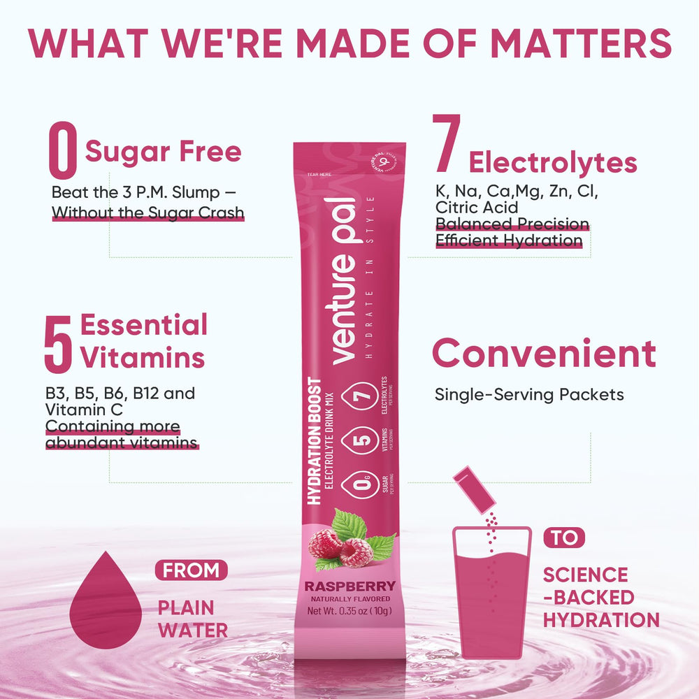 Venture Pal bottle-ready sticks paired with water for refreshing daily wellness.