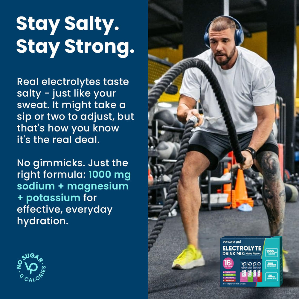 Electrolyte powder dissolving in water with Venture Pal branding for fast hydration.