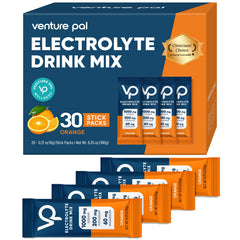 Venture Pal high-sodium electrolyte powder packet poured into water for hydration.
