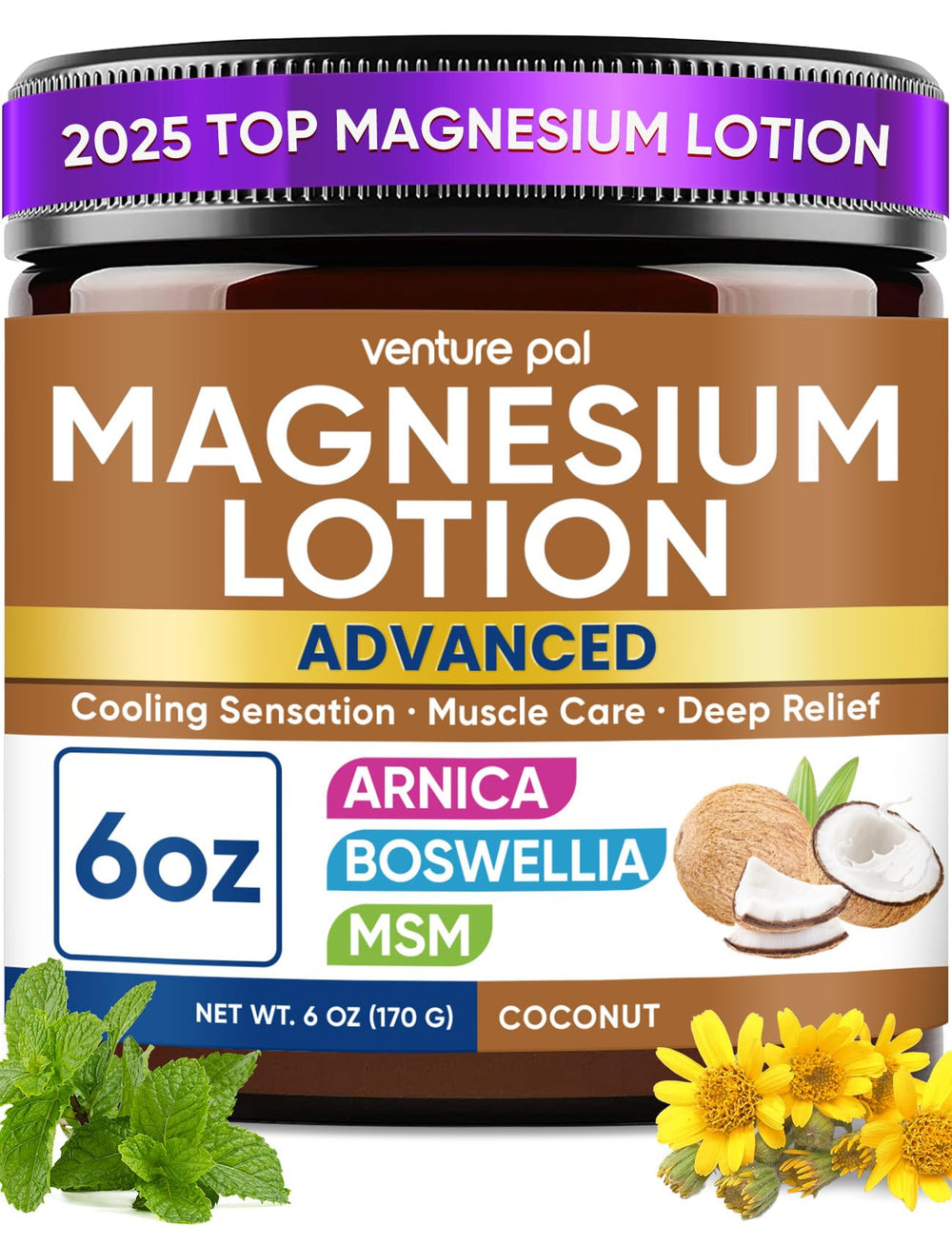 Venture Pal magnesium lotion bottle closeup with cooling relief.