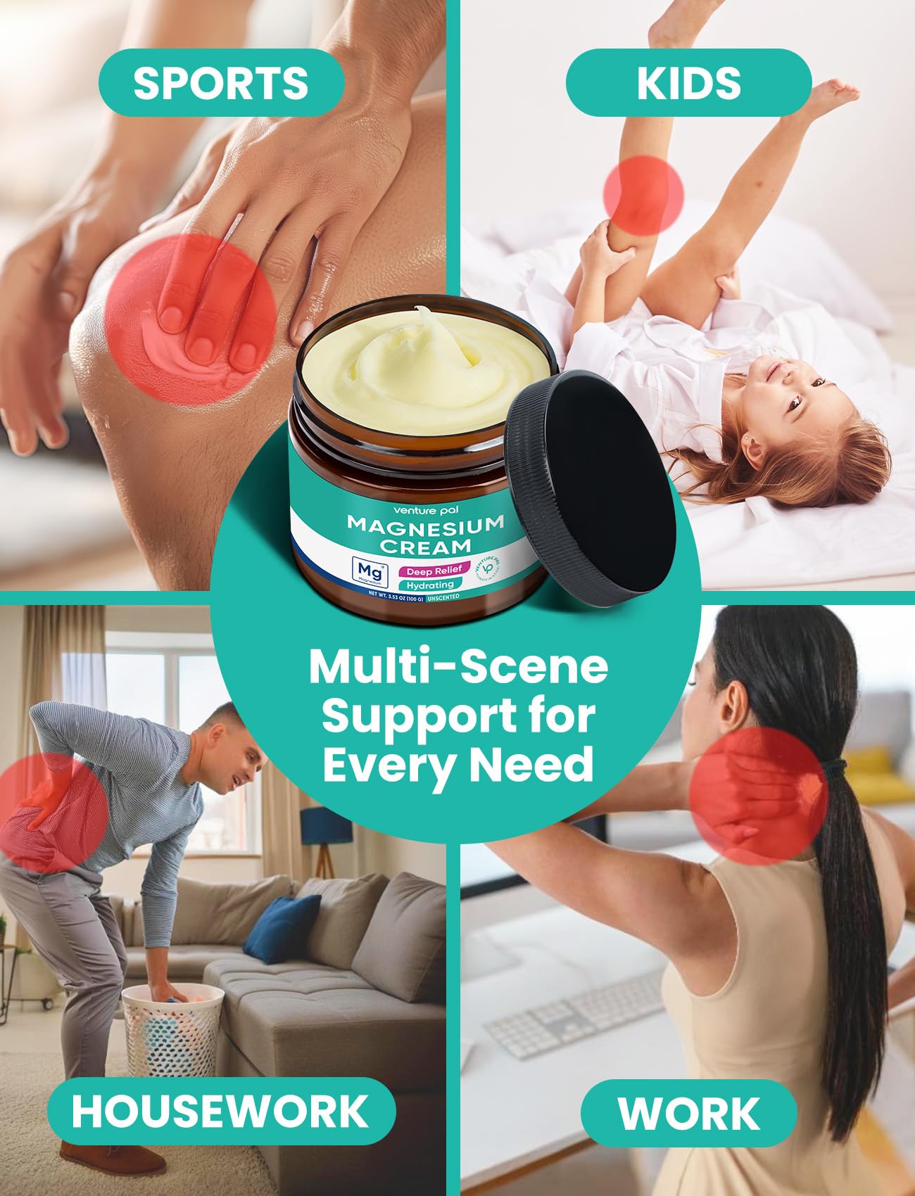 Venture Pal magnesium lotion with coconut oil and hyaluronic acid for nourishment.