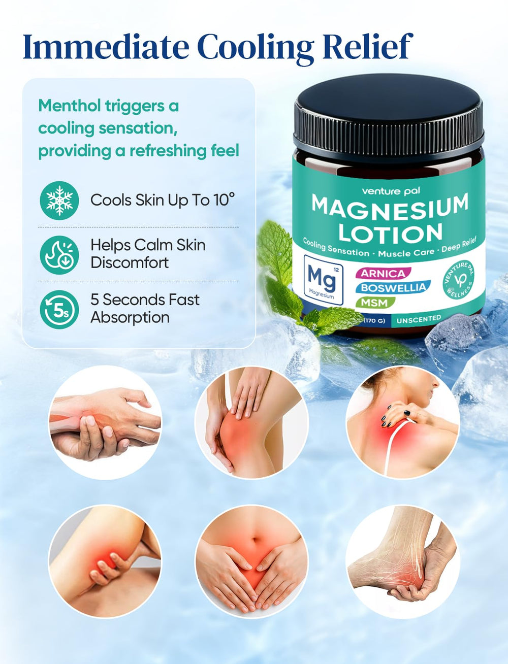 Venture Pal magnesium lotion for legs and feet, lightweight hydration without greasiness.