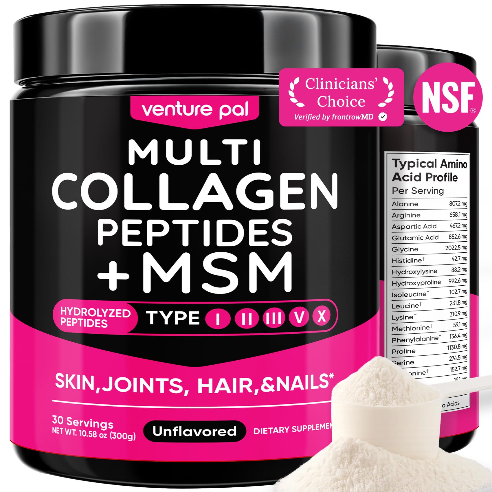 Venture Pal Multi Collagen Powder tub front with five collagen types for overall wellness