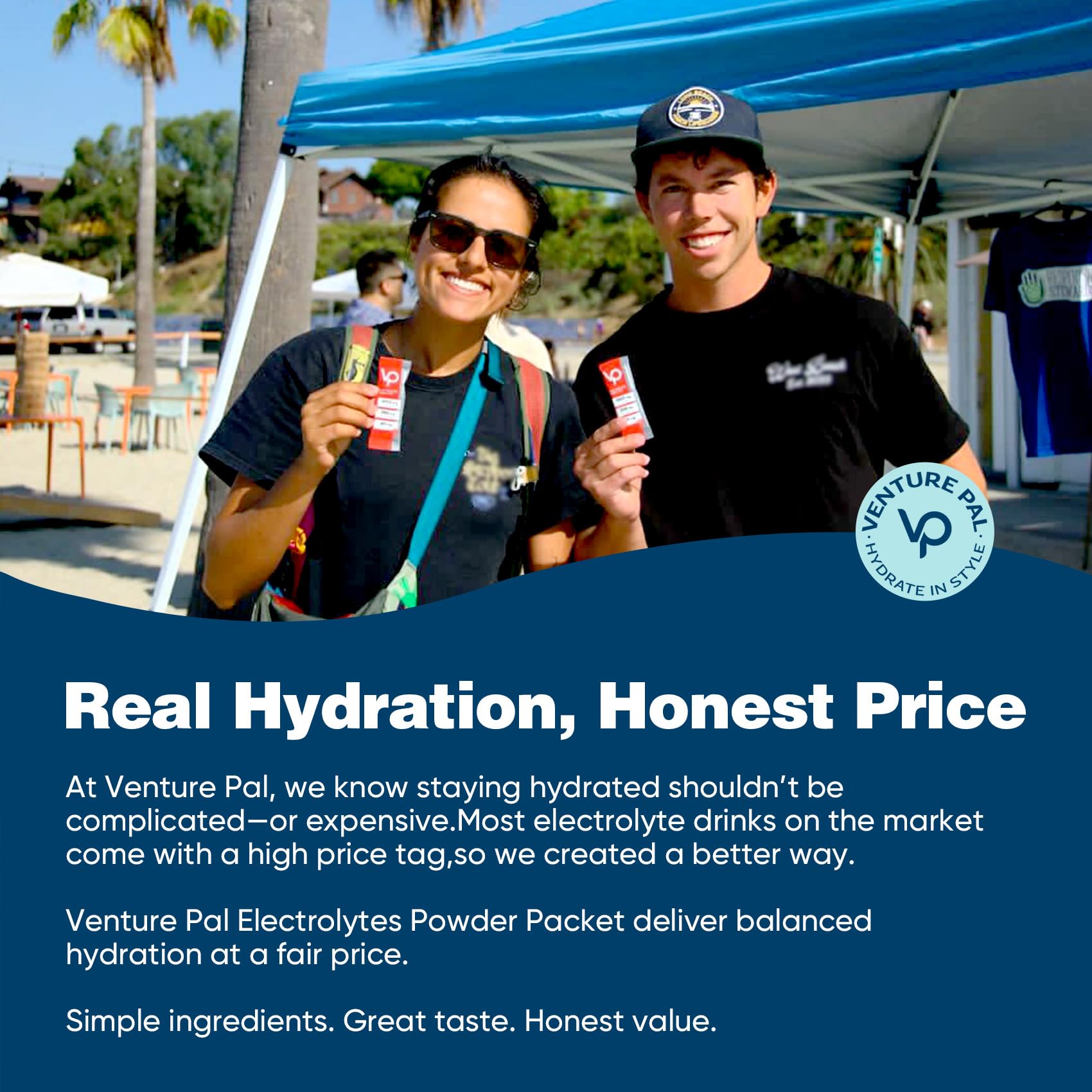 Venture Pal packages in hand, gift-ready hydration kit.
