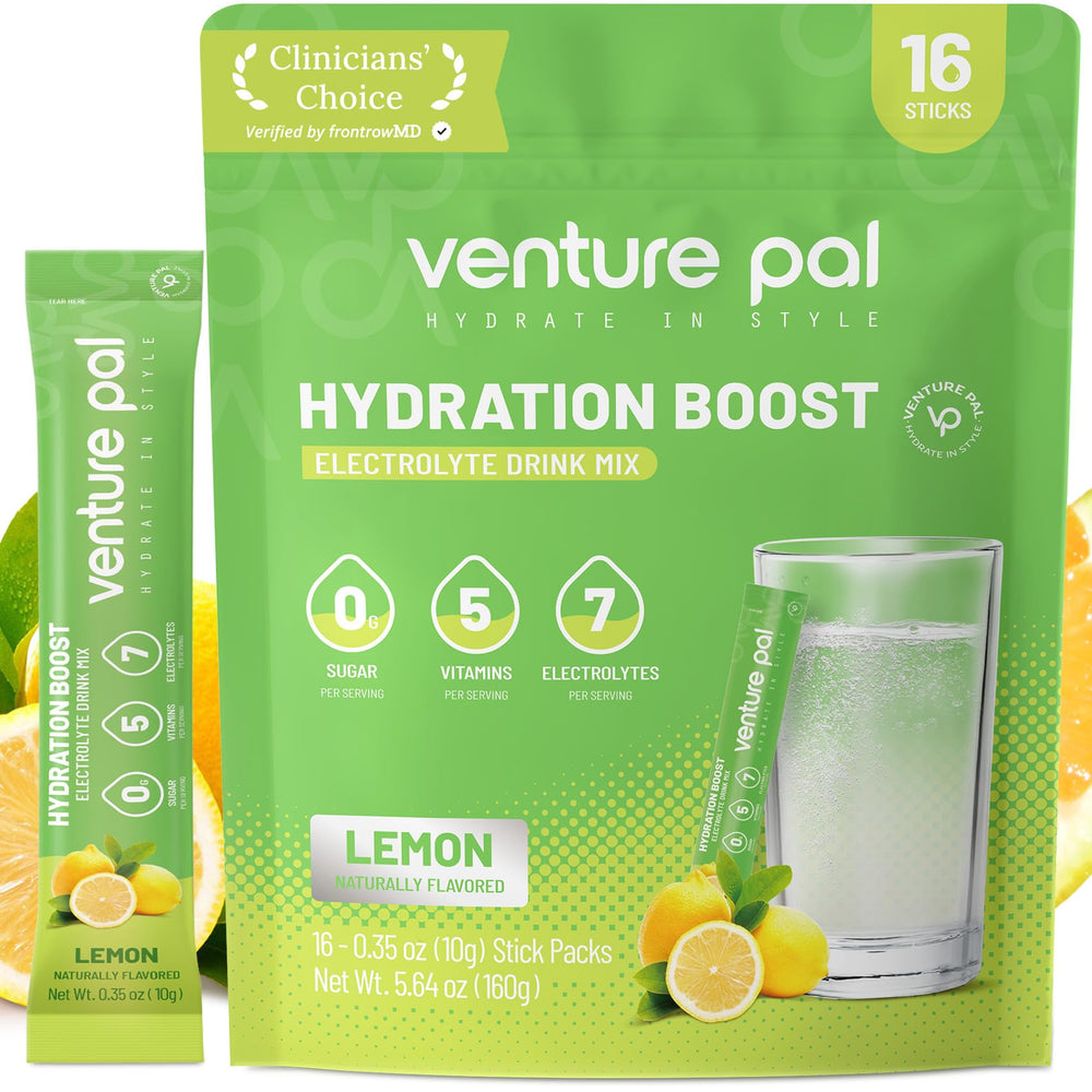 Venture Pal packaging shows sugar-free electrolyte formula for daily hydration.