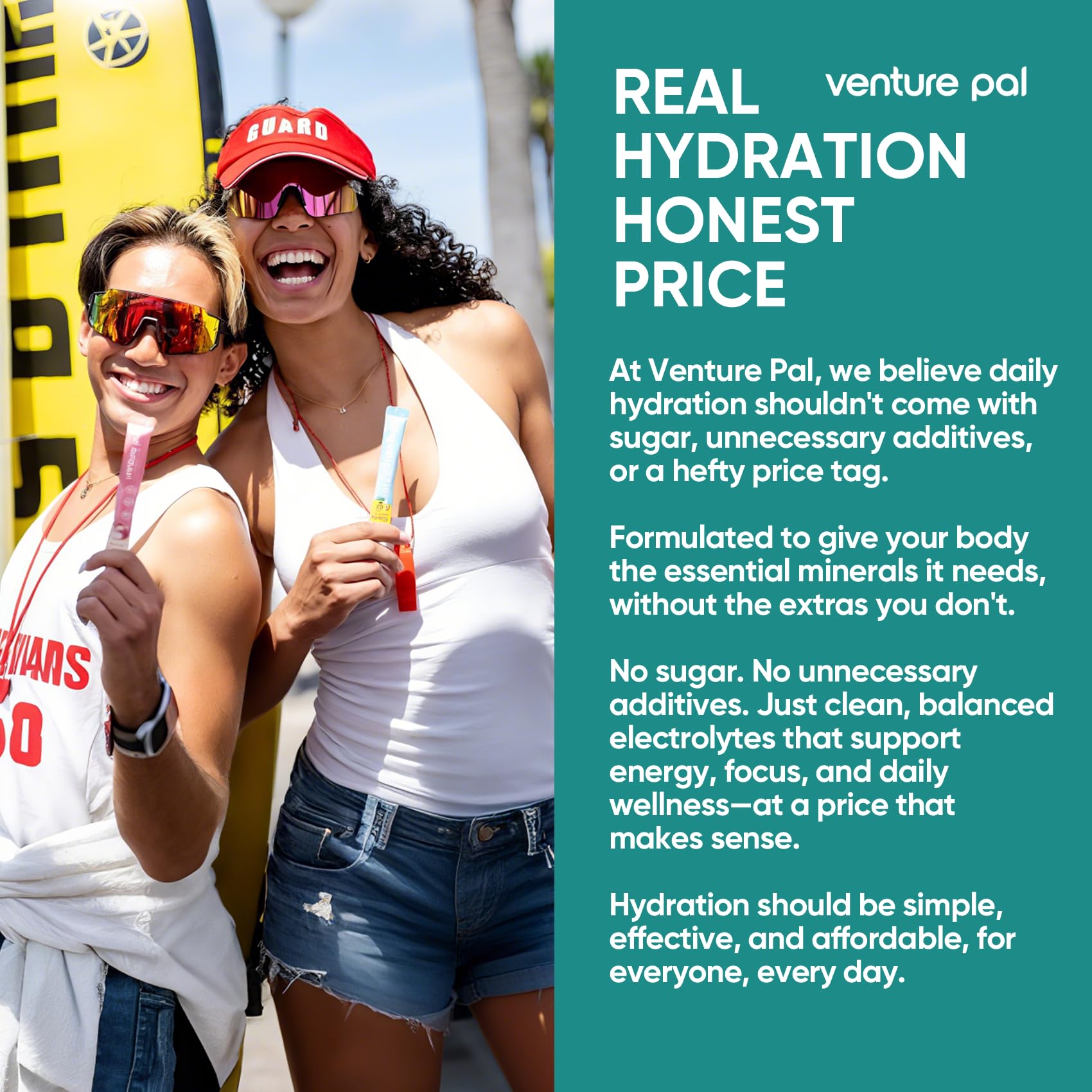Venture Pal single-serve hydration stick shown in a travel setup