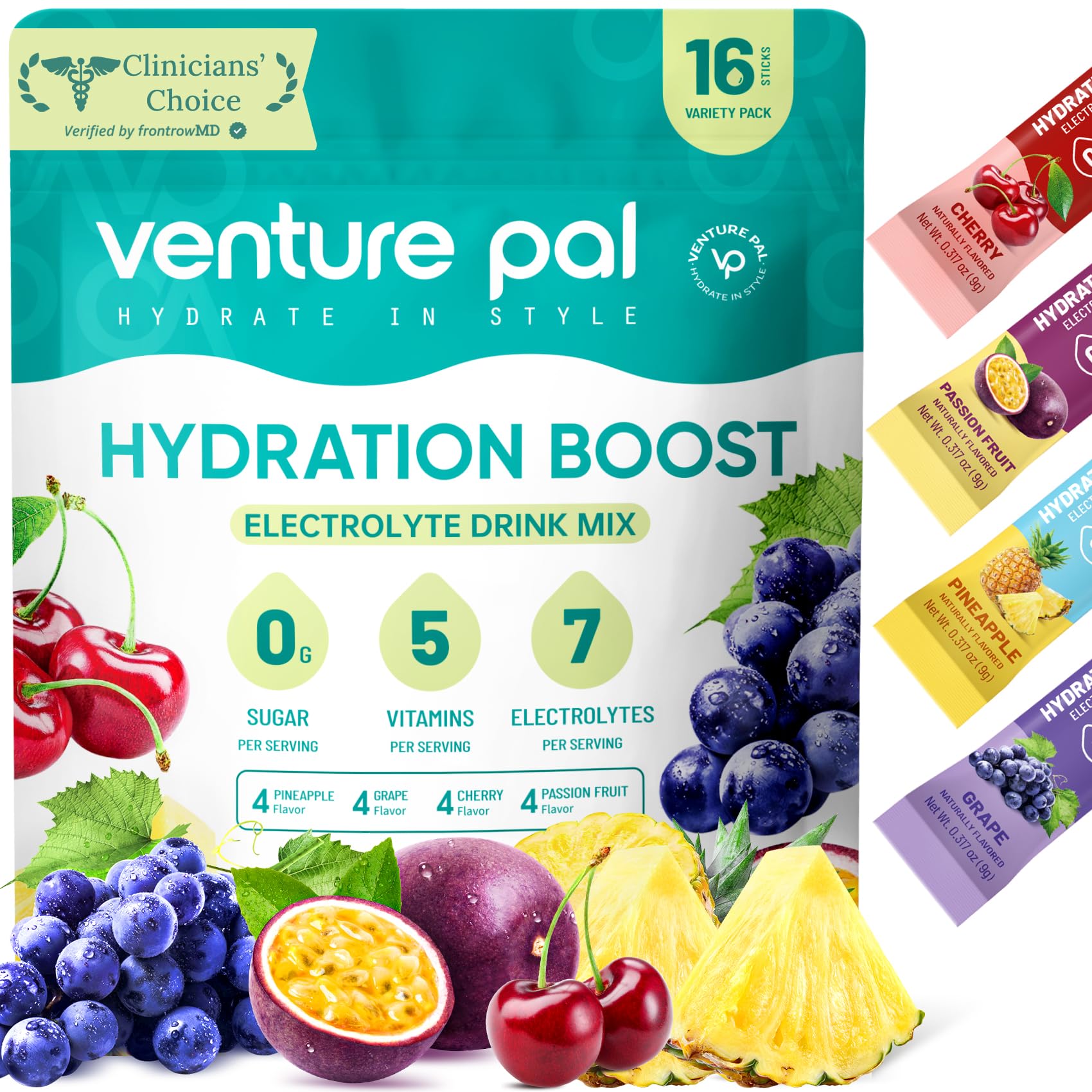 Venture Pal sugar-free electrolyte packets poured for quick hydration without sugar