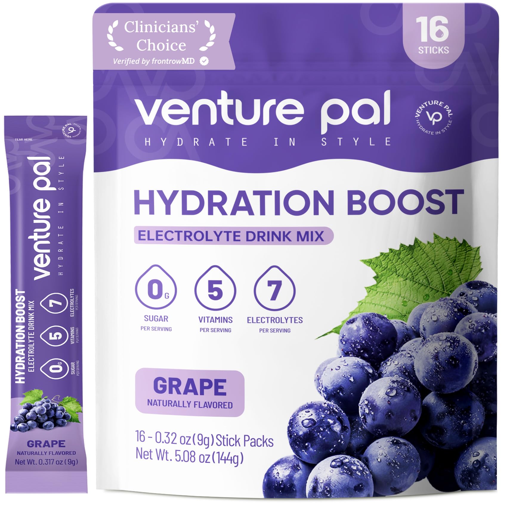 Venture Pal sugar-free electrolyte packets front view for clean daily hydration