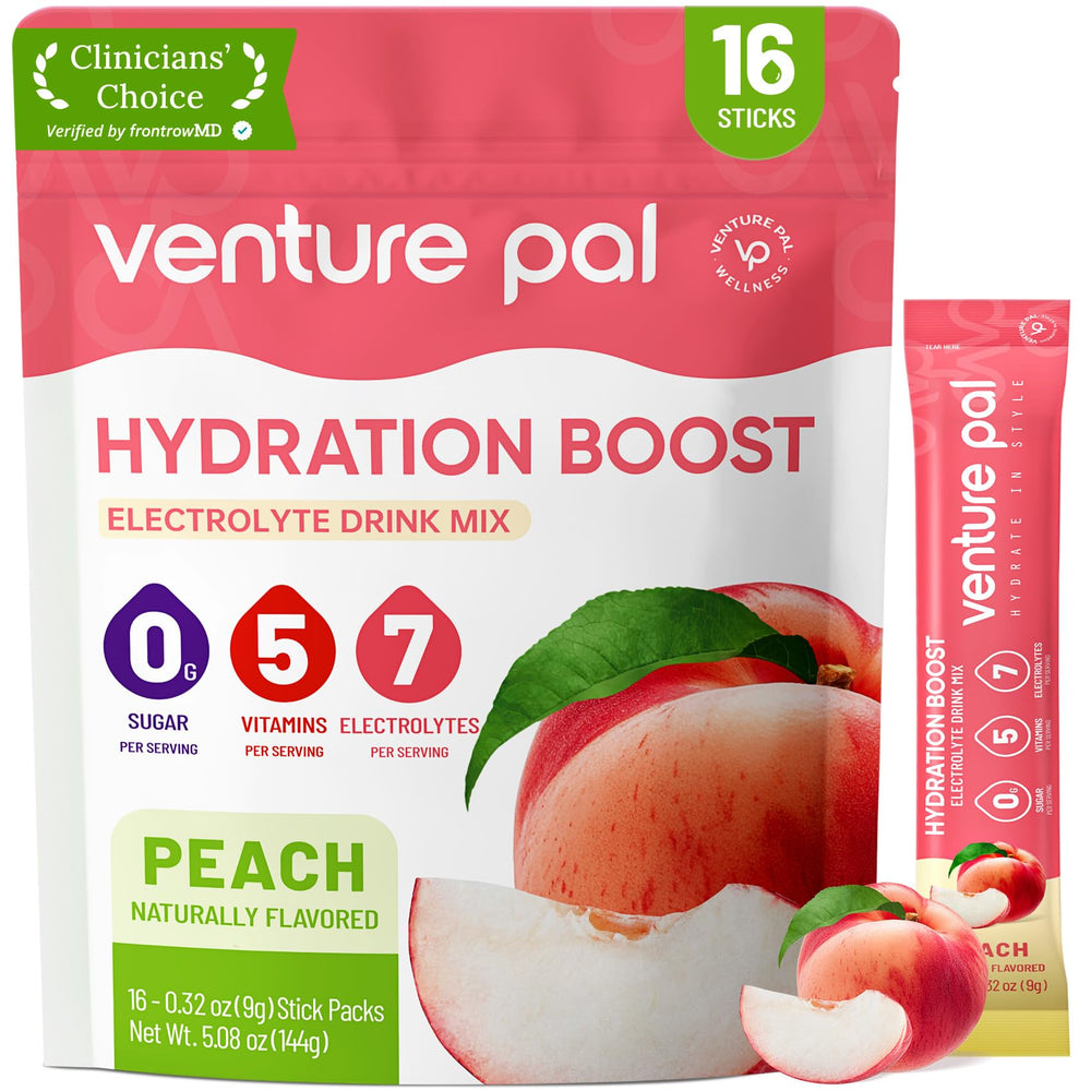 Venture Pal sugar-free electrolyte packets shown in packaging for daily hydration.